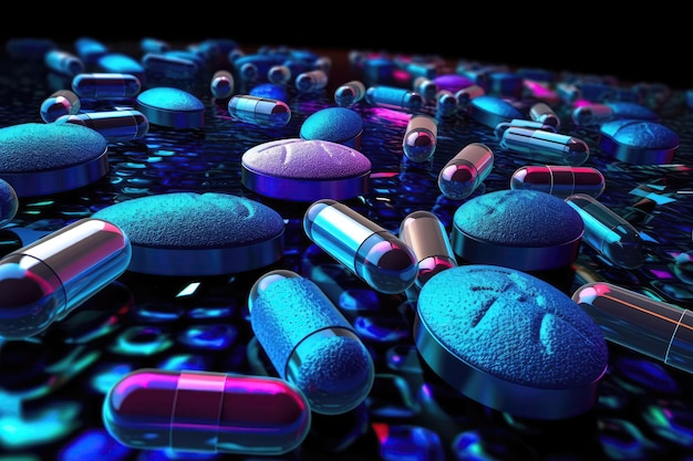 Pillole Vitamine Su Sfondo Nero Con Bagliore Blu AI Generativo