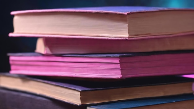 Pilo di libri in luce rosa e blu sullo sfondo scuro