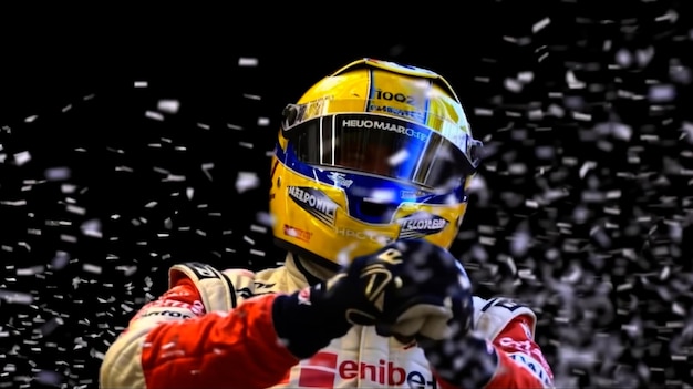 Pilota di auto da corsa che celebra la vittoria pilota da corsa che festeggia con champagne spray gran prix AI generativa