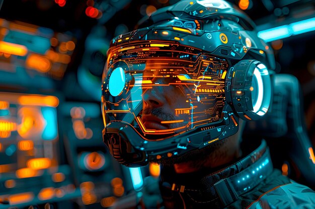 Pilota di caccia futuristico che indossa un casco con occhiali di realtà alternativa tecnologia di innovazione