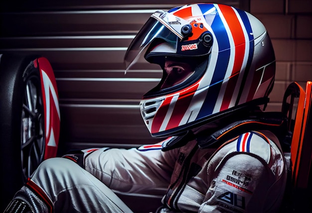 Pilota di F1 all'interno della sua vettura con il casco e la tuta da gara preparata per la gara Genera Ai