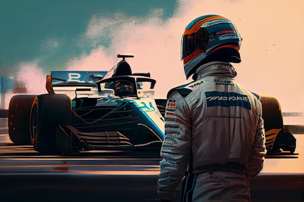 Pilota di F1 in attesa dell'inizio della gara Concetto di poster di Formula 1 Generative Ai