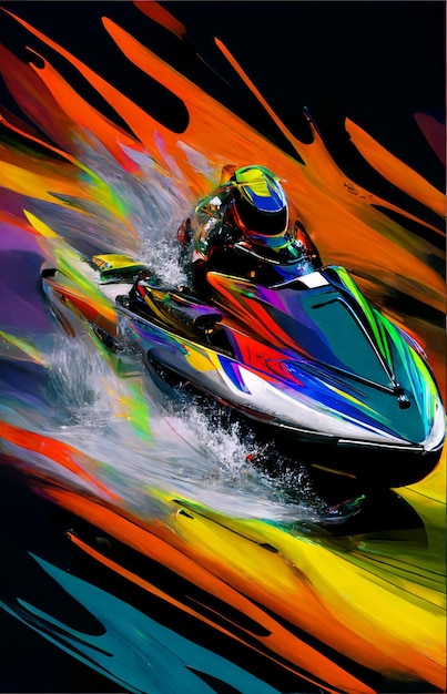 Pilota di moto d'acqua dai colori vivaci che sfreccia nell'acqua con un casco sull'IA generativa