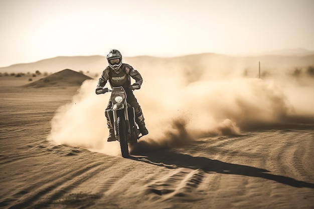 Pilota di motocross in gara nel deserto IA generativa