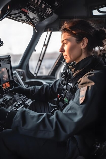 Pilota donna nella cabina di pilotaggio di un elicottero generato ai