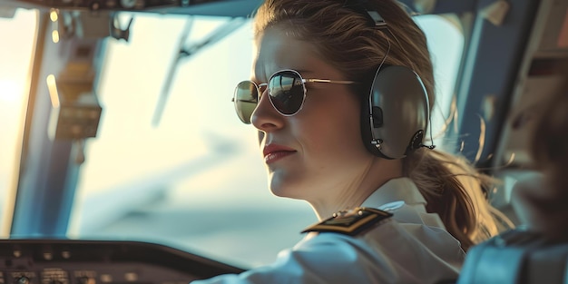 Pilota donna sicura nella cabina di pilotaggio con cuffie close-up aviator occhiali da sole a tema di aviazione professionale AI