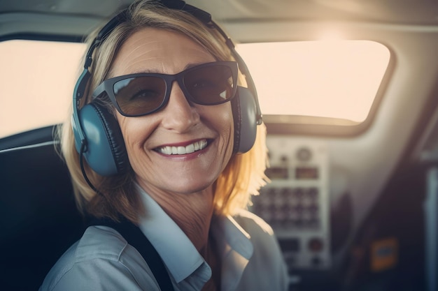 Pilota donna sorridente in occhiali da sole Viaggio di volo Genera Ai