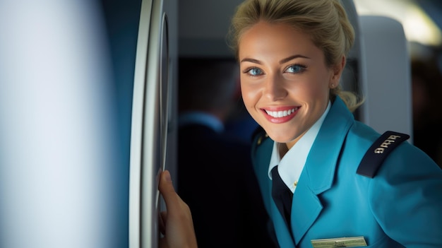 Pilota femminile sullo sfondo di una cabina di pilotaggio aereo