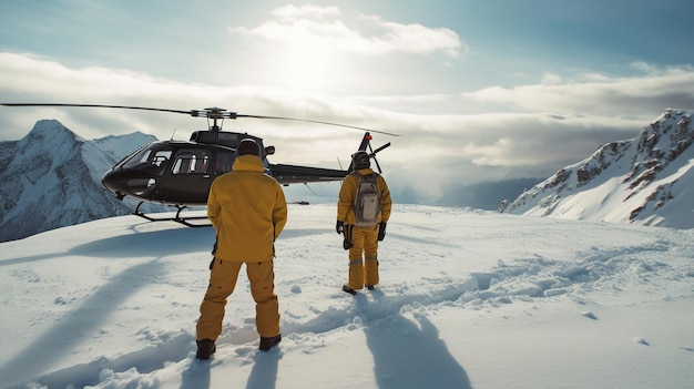 Piloti di elicotteri si avvicinano alle montagne innevate Sci con elicotteri AI generativa negli altopiani dell'Alaska