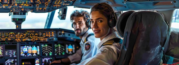 Piloti maschi e femmine nella cabina di pilotaggio dei controlli e dei monitor del cruscotto dei voli internazionali di passeggeri