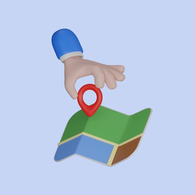 Pin della mano del fumetto sul navigatore della posizione della mappa isolato per il viaggio in vacanza 3d rendering illustrazione