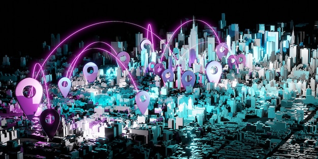 Pin sulla mappa di new york usa tono scuro bagliore connessione comunicazione e fornitura di servizi