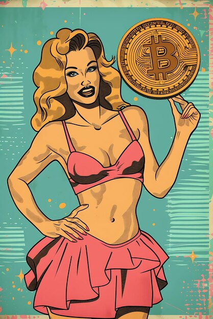 Pin Up Girl che tiene un cartello Bitcoin con un poster retro testo illustrazione criptovaluta Backgroundu