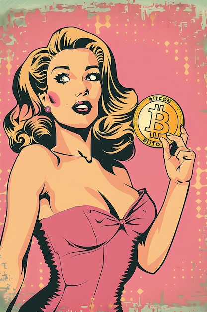 Pin Up Girl che tiene un cartello Bitcoin con un poster retro testo illustrazione criptovaluta Backgroundu