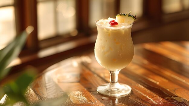 Pina Colada con guarnizione di ananas fresco alla luce dorata del tramonto