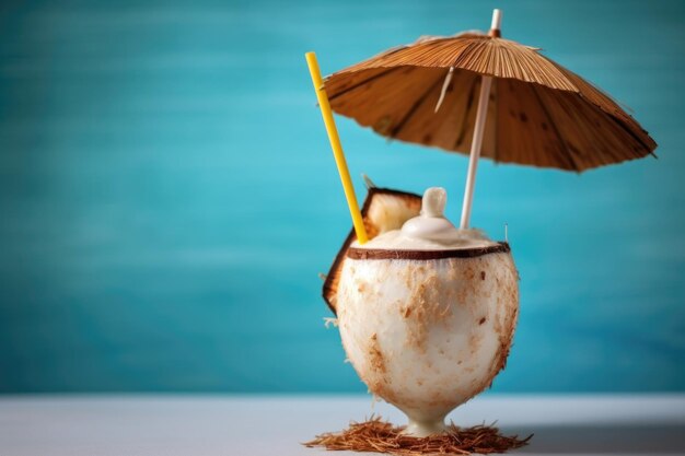Pina colada in guscio di cocco con paglia e ombrello creato con ai generativi