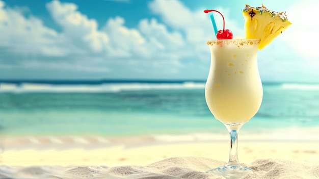 Pina colada tropicale con una fetta di ananas e ciliegia su una spiaggia soleggiata Alcohol glass bar club Godetevi bevande aromatiche e compagnia di amici concetto Generativo da AI