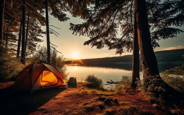 Pine Forest Retreat Camping and Tent in riva al lago Generative AI