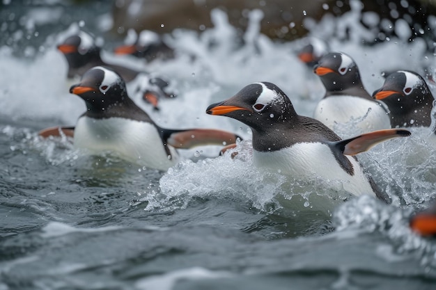 Pinguini affascinanti che sguazzano e nuotano in acque ghiacciate Pinguini adorabili che sguazzano graziosamente su terreni ghiacciati e scivolano senza sforzo attraverso acque fredde