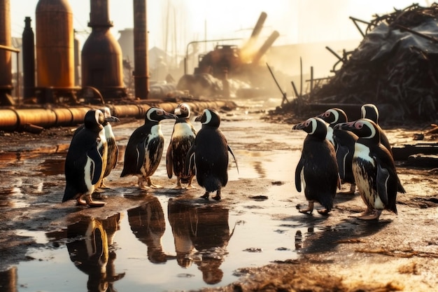 Pinguini con piume macchiate d'olio sulla riva fangosa dopo una fuoriuscita di petrolio Sullo sfondo dei rifiuti industriali di una raffineria di petrolio chimico Il problema dell'inquinamento ambientale e delle fuoriuscite di petrolio