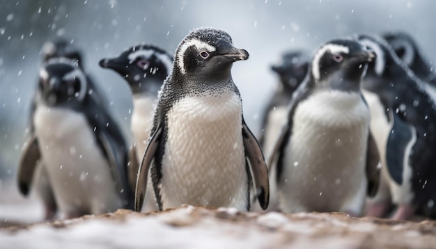 Pinguini Gentoo che ondeggiano in una colonia innevata generata dall'intelligenza artificiale