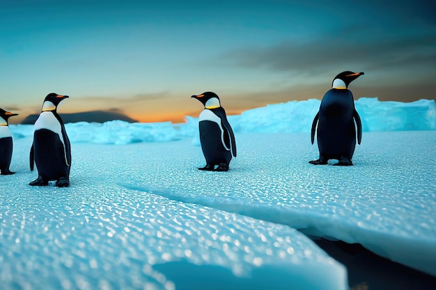 Pinguini imperatori sul ghiaccio in Antartide. Freddo Antartico e blocchi di ghiaccio.
