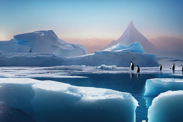 Pinguini imperatori sul ghiaccio nell'Antartide Freddo Antartico e blocchi di ghiaccio