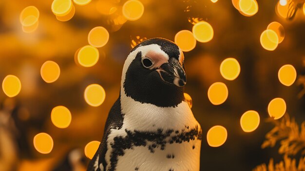 Pinguino africano isolato con luci gialle sullo sfondo