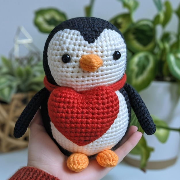 Pinguino Amigurumi artigianale giocattolo ad aggancio affascinante con cuore