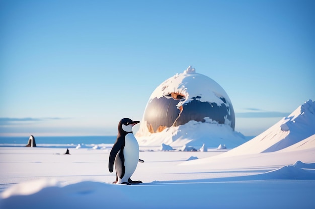 Pinguino animale selvatico del ghiacciaio antartico che sta nella priorità bassa sveglia del fumetto della neve del ghiaccio