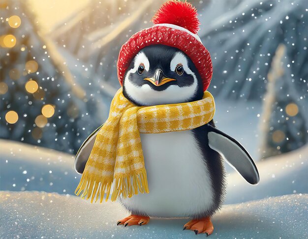 Pinguino carino che posa per una foto in mezzo alla neve con un cappello rosso e una sciarpa gialla