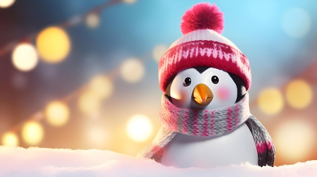 Pinguino carino e divertente di Buon Natale con un cappello di lana e una sciarpa sfocato sullo sfondo invernale del tramonto