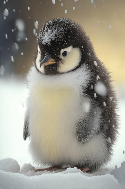 Pinguino che guarda di lato con la neve sullo sfondo creato utilizzando la tecnologia generativa ai