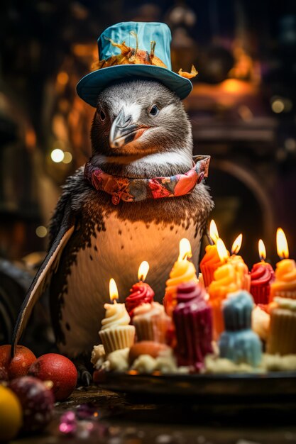 Pinguino che indossa cappello e sciarpa accanto a un mucchio di cupcakes IA generativa