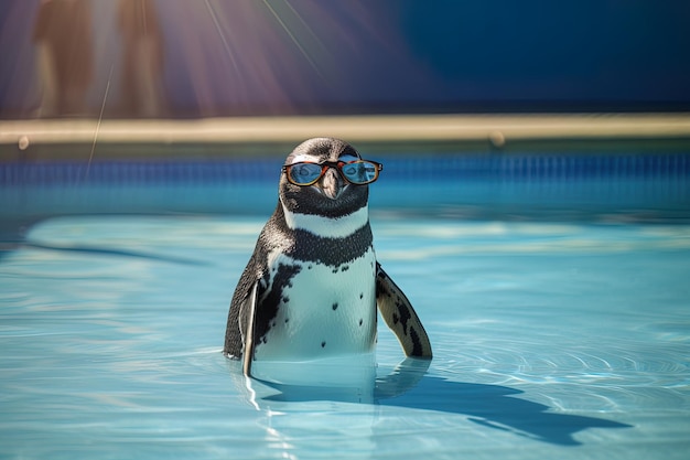 pinguino che indossa occhiali da sole in una piscina con un paio di occhiali da sole.