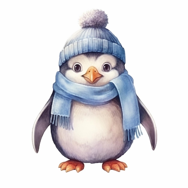 Pinguino che indossa un cappello blu e una sciarpa con una sciarpatura blu generativa ai