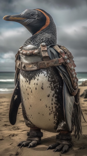 Pinguino con armatura e armi concetto di fantasia IA generativa