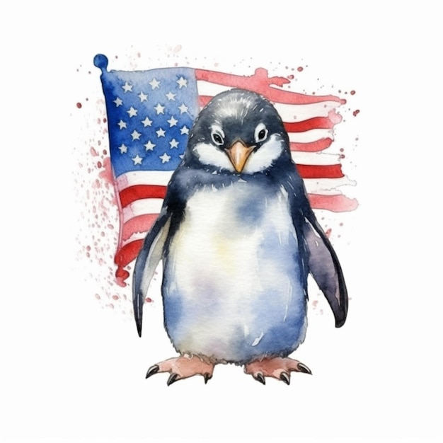 Pinguino con la pittura dell'acquerello della bandiera americana generativa ai