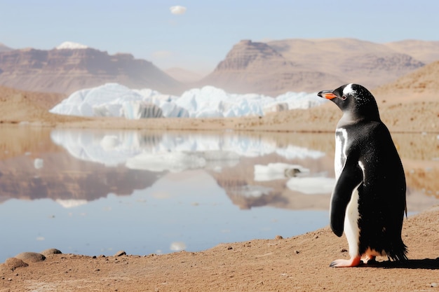 Pinguino con un miraggio di iceberg sullo sfondo del deserto