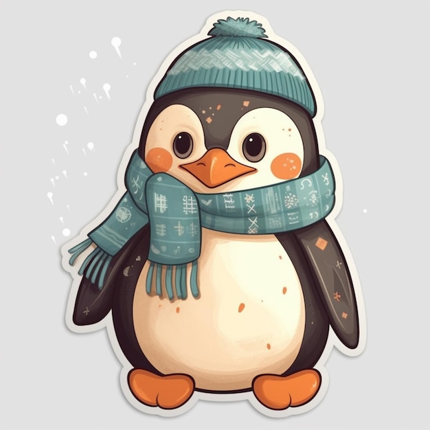 Pinguino del fumetto che indossa un cappello invernale e una sciarpa ai generativa