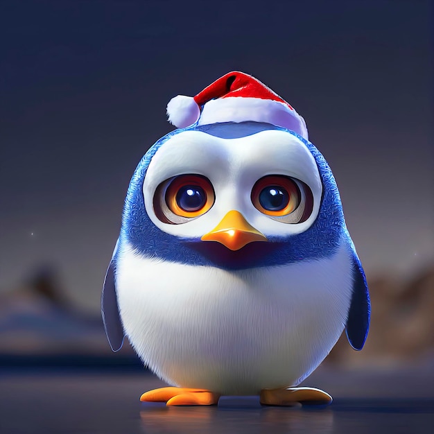 Pinguino di Natale con cappello personaggio simpatico pinguino in scenario natalizio illustrazione animata