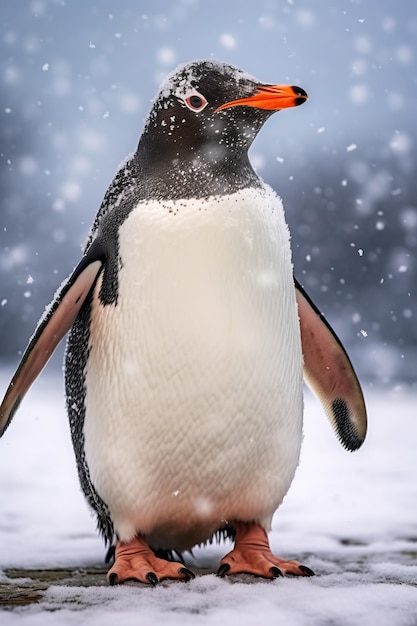 Pinguino Gentoo che cammina attraverso la copertura del campo di neve in una leggera nevicata