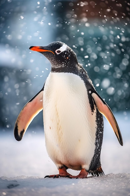 Pinguino Gentoo che cammina attraverso la copertura del campo di neve in una leggera nevicata