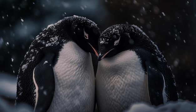 Pinguino Gentoo che dondola sul becco di ghiaccio e piuma a fuoco generata dall'intelligenza artificiale