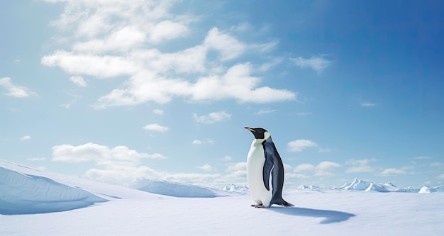 Pinguino in piedi in Antartide che guarda il cielo blu