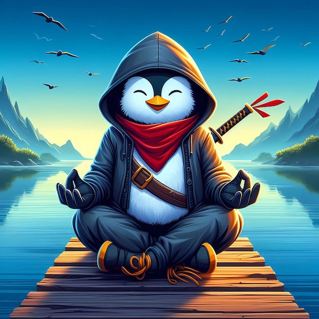 pinguino ninja che medita vicino al fiume illustrazione