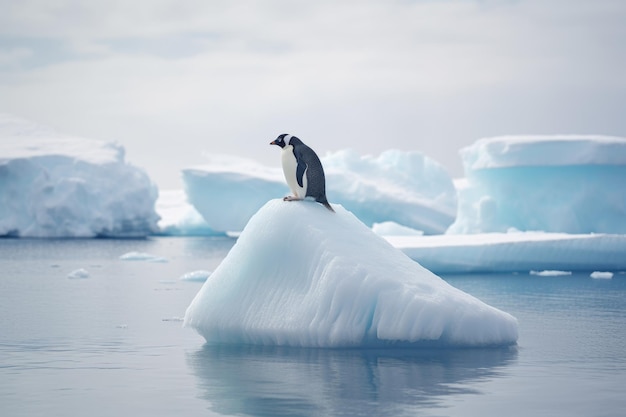 Pinguino sul ghiaccio galleggiante Pinguino antartico galleggianti sul ghiacciaio galleggiente nell'Oceano Meridionale in Antartide in cerca di cibo Gli effetti del riscaldamento globale generati da Ai