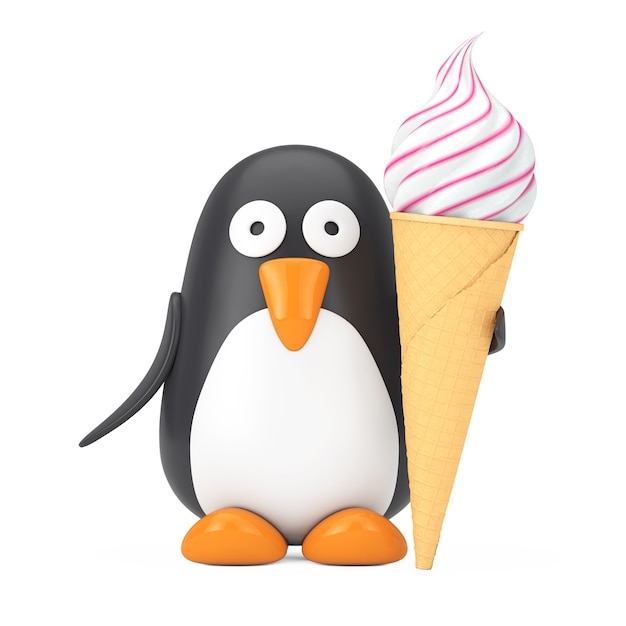 Pinguino sveglio del fumetto del giocattolo in bianco e nero con il gelato morbido di servizio in cono gelato croccante della cialda su un fondo bianco. Rendering 3D