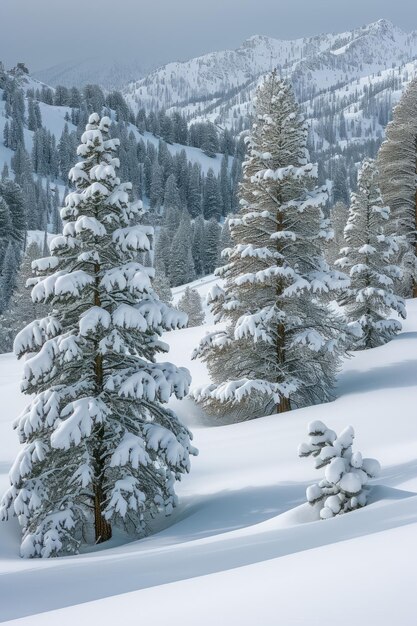 Pini coperti di neve in una foresta innevata