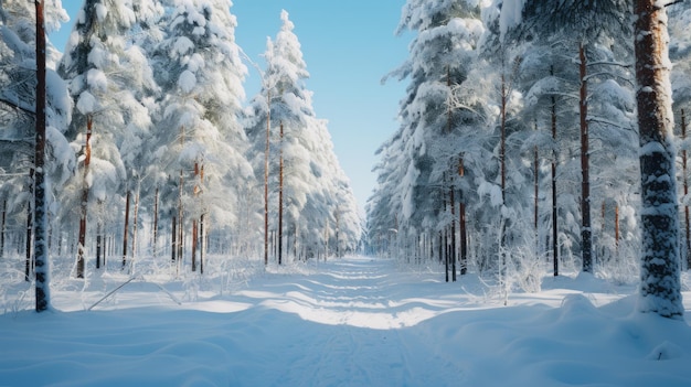 Pini innevati in un paese delle meraviglie invernale